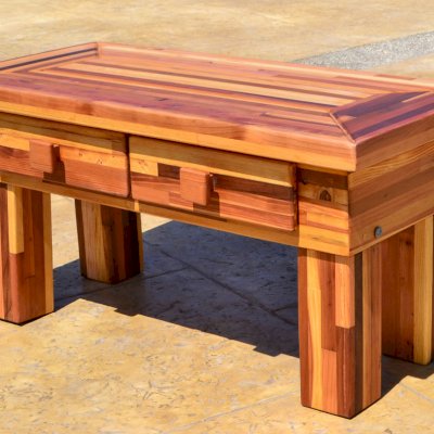 Oversized Coffee Table (Options: 36"L x 18" W x 18" H, Mosaic Redwood, 2 Drawers, Transparent Premium Sealant).