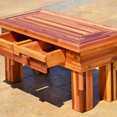 Oversized Coffee Table (Options: 36"L x 18" W x 18" H, Mosaic Redwood, 2 Drawers, Transparent Premium Sealant).