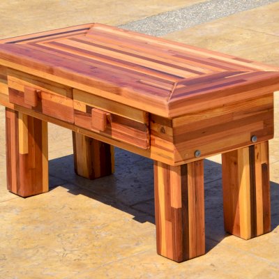 Oversized Coffee Table (Options: 36"L x 18" W x 18" H, Mosaic Redwood, 2 Drawers, Transparent Premium Sealant).