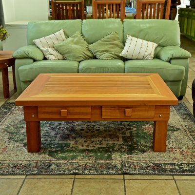 Oversized Coffee Table (Options: 48"L x 36" W, California Redwood, 4 Drawers, Seamless Tabletop, Transparent Premium Sealant). Photo Also Shows a Round Side Table.