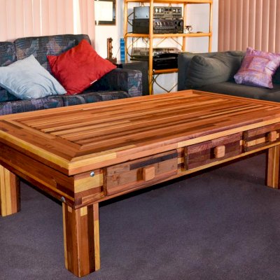 Oversized Coffee Table (Options: 60"L x 30" W x 18" H, Mosaic Redwood, 6 Drawers, Standard Tabletop, Transparent Premium Sealant).