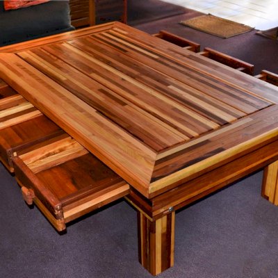 Oversized Coffee Table (Options: 60"L x 30" W x 18" H, Mosaic Redwood, 6 Drawers, Standard Tabletop, Transparent Premium Sealant).