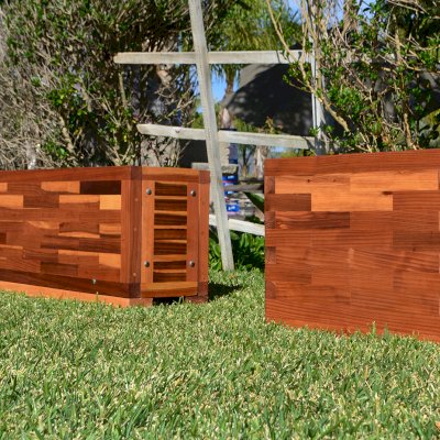 Parquet Planters (Options: Left [72in L x 12in W x 18in H with Uniform Corners] Right [24in L x 12in W x 18in H with Parquet Corners], Mosaic Redwood, 1" Feet, No Trellis, Interior of Box without Sealant (Growing Vegetables), Transparent Premium Sealant).