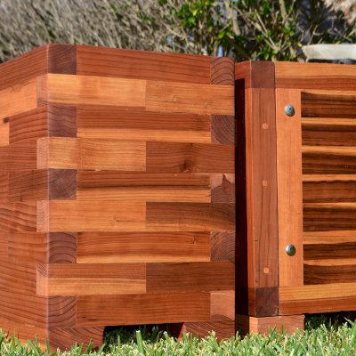 Parquet Planters (Options: Left [24in L x 12in W x 18in H with Parquet Corners] Right [72in L x 12in W x 18in H with Uniform Corners], Mosaic Redwood, 1" Feet, No Trellis, Interior of Box without Sealant (Growing Vegetables), Transparent Premium Sealant).