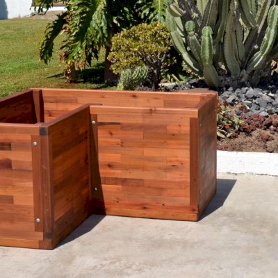 Custom V-Shaped Parquet Planters (Options: 48in L x 24in W x 24in H, Mature Redwood, Feet, No Trellis, Interior and Exterior of Box with Sealant (No Growing Vegetables), Transparent Premium Sealant).