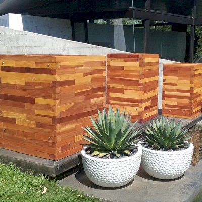 Parquet Planters (Options: Left [24in L x 24in W x 30in H], Center and Right [24in L x 18in W x 30in H], Mosaic Redwood, No Base or Casters, No Trellis, Interior and Exterior of Box with Sealant (No Growing Vegetables), Transparent Premium Sealant). Photo Courtesy of M. Stratton of Los Angeles, CA.