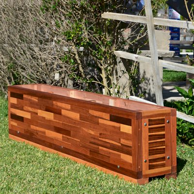 Parquet Planters (Options: 72in L x 12in W x 18in H, Mosaic Redwood, Uniform Corners, 1" Feet, No Trellis, Interior of Box without Sealant (Growing Vegetables), Transparent Premium Sealant).