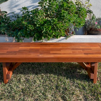 Parquet Wooden Bench (Options: 5 ft L x 17 3/4 inches W x 17 inches H, Mature Redwood, No Cushion, No Engraving, Transparent Premium Sealant).