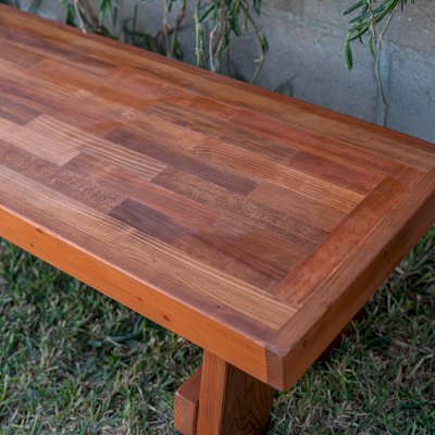 Parquet Wooden Bench (Options: 5 ft L x 17 3/4 inches W x 17 inches H, Mature Redwood, No Cushion, No Engraving, Transparent Premium Sealant).