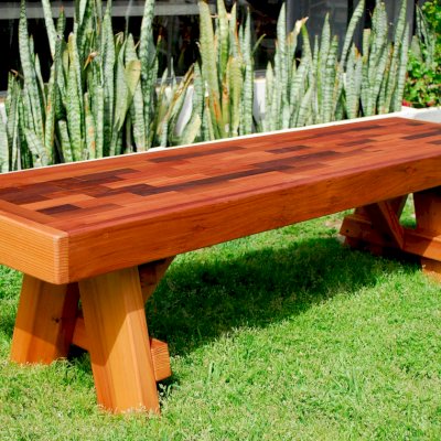Parquet Wooden Bench (Options: 6 ft L x 17 3/4 inches W x 18 1/2 inches H,  Mature Redwood, No Cushion, No Engraving, Transparent Premium Sealant).