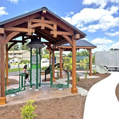 Custom Granada Pavilions (Options: 6in x 6in Posts, 12.5 ft x 12.5 ft, California Redwood, 4-Post Anchor Kit for High-Wind, with Fascia Board, No Curtain Rods, No Ceiling Fan Base, Transparent Premium Sealant). Photo Courtesy of D. Pinkerton of Coeur d'Alene, ID.