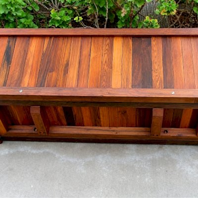 Napa Planters (Options: 48'' L x 18'' W x 18'' H, Mature Redwood, Add 1 inch feet, No Trellis, Interior and Exterior of Box with Sealant (No Growing Vegetables), Transparent Premium Sealant). Turned on side to show supports and structural reinforcment from below.