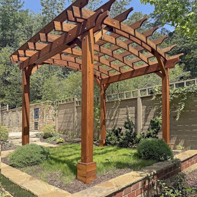 Arched Open Sky Pergolas (Options: 10' L x 12' Arc W, California Redwood, No Electrical Wiring Trim, Post Anchor Kit for High-Wind, No Ceiling Fan Base, No Privacy Panels, No Curtain Rods, 9' Post Height, Transparent Premium Sealant). Photo Courtesy of J. Mainor of Sandy Springs, GA.