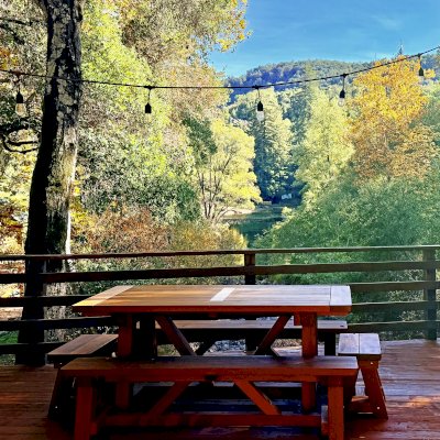 Classic Redwood Patio Table (Options: 6' L x 34 1/2'' W, California Redwood, Side and End Benches,  Old Country Tabletop, Standard, Rounded Corners, No Umbrella Hole, Transparent Premium Sealant). Photo Courtesy of J. Russo of Carmel, CA.