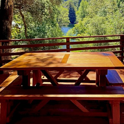 Classic Redwood Patio Table (Options: 6' L x 34 1/2'' W, California Redwood, Side and End Benches,  Old Country Tabletop, Standard, Rounded Corners, No Umbrella Hole, Transparent Premium Sealant). Photo Courtesy of J. Russo of Carmel, CA.