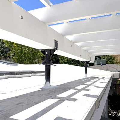 Custom Attached Garden Pergola (Options: 26' x 16', Mosaic Redwood, White Finish). Photo Courtesy of N. Bullok of San Rafael, CA.