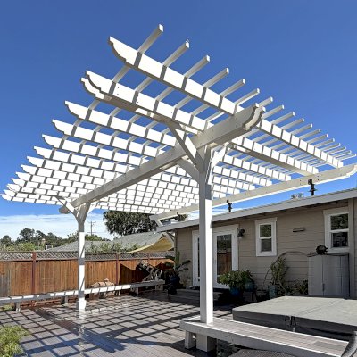Custom Attached Garden Pergola (Options: 26' x 16', Mosaic Redwood, White Finish). Photo Courtesy of N. Bullok of San Rafael, CA.