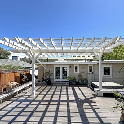 Custom Attached Garden Pergola (Options: 26' x 16', Mosaic Redwood, White Finish). Photo Courtesy of N. Bullok of San Rafael, CA.