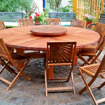 Sunset Patio Table (Options:7' Diameter, Table Alone, Mosaic Redwood, Standard Tabletop, Lazy Susan, No Umbrella Hole, Transparent Premium Sealant). Lazy Susan in Old-Growth Wood by Custom Request. Chairs not from Forever Redwood. Photo Courtesy of John Farkas of Vida, Oregon.
