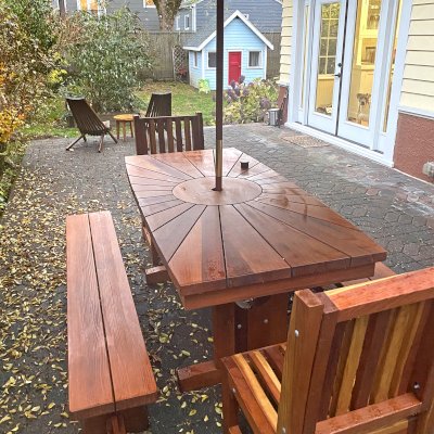 Custom Design (Options: 8' L x 46" W, California Redwood, with Side Benches and End Chairs, Squared Corners, with Umbrella Hole, Custom Tabletop).