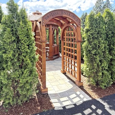Victorian Trellis (Options: 4' x 4', California Redwood, Custom Engraving, Transparent Premium Sealant). Trellis Installed in Faith Walk Community Fitness Park in Coeur d'Alene, Idaho.