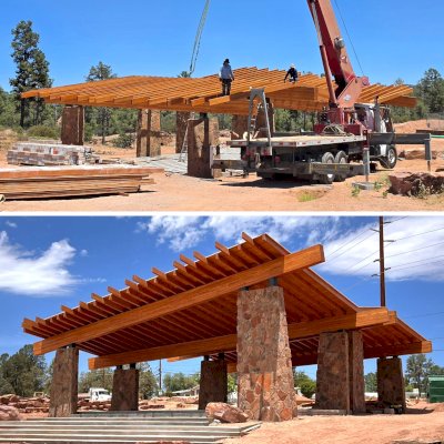 Custom Wood Pavilion Kits (Options: 60.5' x 45', Douglas-fir, 11 1/4'' x 24'' Built-Up Beams [Supports], 2 x 10 Beams, 3:12 Slope, Transparent Premium Sealant). Photo Courtesy of K. Evans of Payson, Arizona.