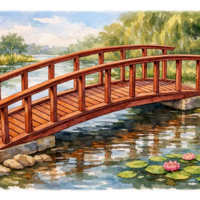 Render of a Custom Forever Foot Bridge (Options: 6' L, 4' W, Mature Redwood).