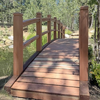 Forever Foot Bridge (Options: 22' L, California Redwood, 5' Width, Transparent Premium Sealant). Photo Courtesy of D. Smith of Gardnerville, NV.