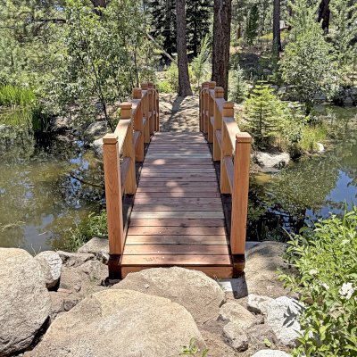 Forever Foot Bridge (Options: 22' L, California Redwood, 5' Width, Transparent Premium Sealant). Photo Courtesy of D. Smith of Gardnerville, NV.