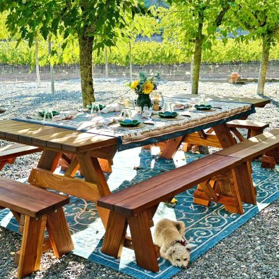 Custom Forever Picnic Tables (Unattached Benches) (Options: 10' L, 46in W,  California Redwood,  Side and End Benches, 2 Half Length Benches Per Side, Standard Tabletop,  Slightly Rounded Corners, No Umbrella Hole, Transparent Premium). Photo Courtesy of R. Reichenberger of ST. Helena, CA.