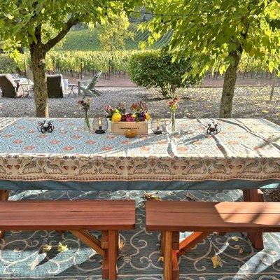 Custom Forever Picnic Tables (Unattached Benches) (Options: 10' L, 46in W,  California Redwood,  Side and End Benches, 2 Half Length Benches Per Side, Standard Tabletop,  Slightly Rounded Corners, No Umbrella Hole, Transparent Premium). Photo Courtesy of R. Reichenberger of ST. Helena, CA.
