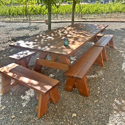Custom Forever Picnic Tables (Unattached Benches) (Options: 10' L, 46in W,  California Redwood,  Side and End Benches, 2 Half Length Benches Per Side, Standard Tabletop,  Slightly Rounded Corners, No Umbrella Hole, Transparent Premium). Photo Courtesy of R. Reichenberger of ST. Helena, CA.