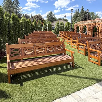 Hennell Wooden Garden Benches (Options: 8' L, Mature Redwood, Custom Engraving, Transparent Premium Sealant).