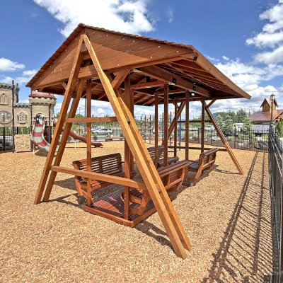 Custom Jean's Ultimate Swing Set (Options: California Redwood, with 2 Sets of Face-to-Face Swings, Custom Engraving Provided by Client, Transparent Premium Sealant). Installed in Faith Walk Community Fitness Park in Coeur d'Alene, Idaho.