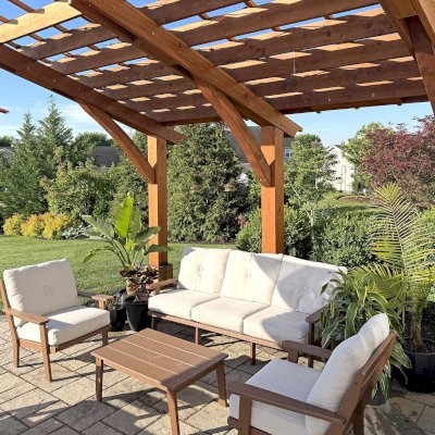 Cantilevered Pergola (Options: 15' L x 10' W, California Redwood, Post Anchor Kit for High-Wind, 8' H Posts, 8x8 Posts, Transparent Premium Sealant). Photo Courtesy of J. Main of Lancaster, PA.