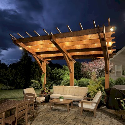 Cantilevered Pergola (Options: 15' L x 10' W, California Redwood, Post Anchor Kit for High-Wind, 8' H Posts, 8x8 Posts, Transparent Premium Sealant). Photo Courtesy of J. Main of Lancaster, PA.