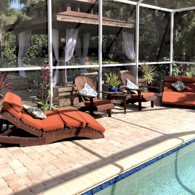 Penny Wooden Sun Lounger (Options: Honeymoon, Standard 72", Redwood, No Snack Trays, 13" H, No Wheels, 3" thick Cushion, 5 Section Cushion, Coffee-Stain Premium Sealant). Photo Courtesy of Mark and Dorit Stone of Odessa, Florida.