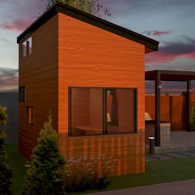 Penny's Guest House (Rendering Shows: 15' x 8' Footprint, Sugar Pine Ceiling, Douglas-fir Interior Siding & Floor, California Redwood Exterior Siding).