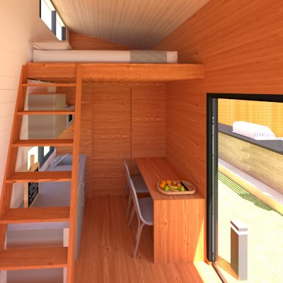Penny's Guest House (Rendering Shows: 15' x 8' Footprint, Sugar Pine Ceiling, Douglas-fir Interior Siding & Floor, California Redwood Exterior Siding).