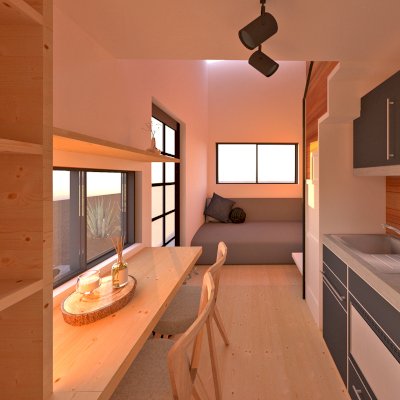 Penny's Tiny House (Rendering Shows: 7' x17' Footprint, with a 8'-6" x 7' Loft [sleeping area], Sugar Pine Ceiling, Douglas-fir Interior Siding & Floor, California Redwood Exterior Siding).