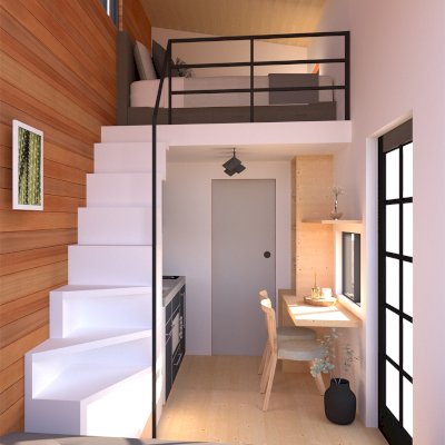 Penny's Tiny House (Rendering Shows: 7' x17' Footprint, with a 8'-6" x 7' Loft [sleeping area], Sugar Pine Ceiling, Douglas-fir Interior Siding & Floor, California Redwood Exterior Siding).