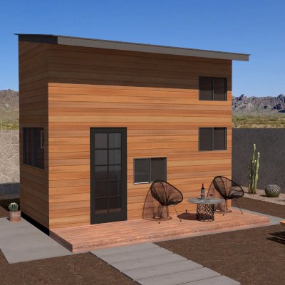Penny's Tiny House (Rendering Shows: 7' x17' Footprint, with a 8'-6" x 7' Loft [sleeping area], Sugar Pine Ceiling, Douglas-fir Interior Siding & Floor, California Redwood Exterior Siding).