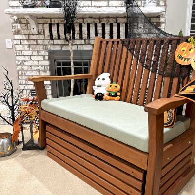 Porter Thayer Wooden Glider (Options: Double, Old-Growth Redwood, with Custom Cushion, Transparent Premium Sealant). Photo Courtesy of T. Chappell of Dothan, AL.