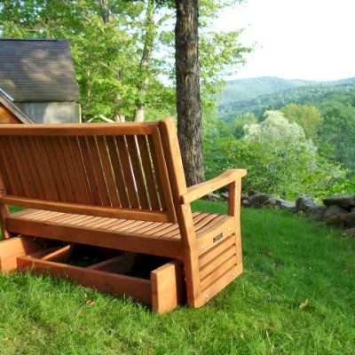 Porter Thayer Wooden Glider (Options: Double, Old-Growth Redwood, No Cushion, Transparent Premium Sealant). Photo Courtesy of Kathryn A. Angell of Concorde, Massachusetts.