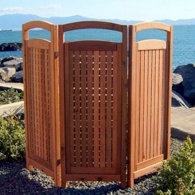 Privacy Screen (Options: 3 Panels, 6' H, Old-Growth Redwood, 5" H Window Opening, 3/8" Openings, No Boots, Transparent Premium Sealant). Photo shows panels opened to about a 70 degree angle for maximum stability without boots.