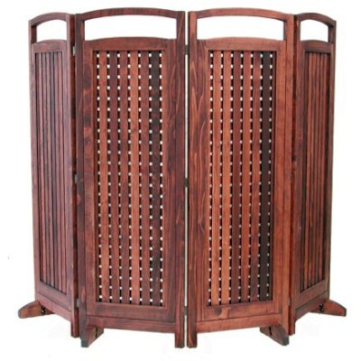 Privacy Screen (Options: 4 Panels, 6' H, Old-Growth Redwood, 5" H Window Opening, 3/8" Openings, 18" Boots, Coffee Stain). 