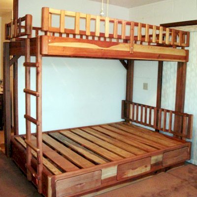 Punta Banda Bunk Beds (Double over Queen, Redwood, 1 Ladder on North Side, 1 Headboard on South Side, Standard Style, 1 Set of Drawers, 10" Safety Rails, Transparent Premium Sealant).