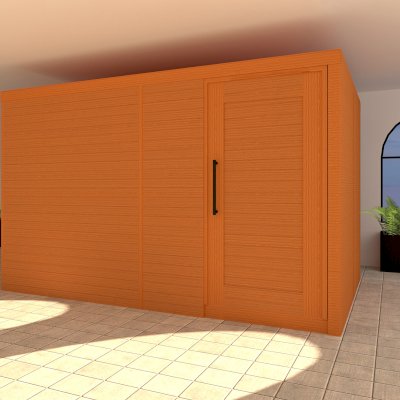Render of Raul’s Rad Redwood Sauna (Options: 11' W, 8' D, 7' H, Flat Roof for Interior Areas, Transparent Premium Sealant). 