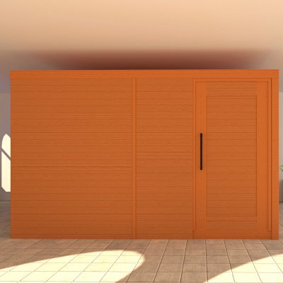 Render of Raul’s Rad Redwood Sauna (Options: 11' W, 8' D, 7' H, Flat Roof for Interior Areas, Transparent Premium Sealant). 