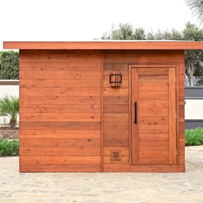 Raul’s Rad Redwood Sauna (Options: 11' W, 8' D, 11' H, California Redwood (for Interiors) & Mature Redwood (for Exteriors), Pitch Roof for Exterior Areas, "L" Shape Bench (2 levels), Transparent Premium Sealant).